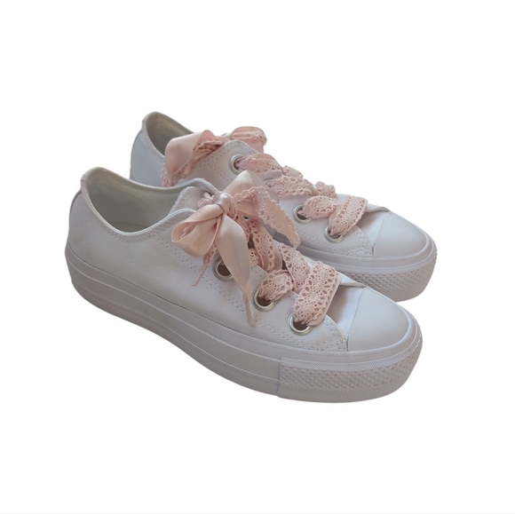 Converse Chuck Taylor All Star Lift Platform Crochet Lace Sneakers 7 White Pink - Picture 6 of 16